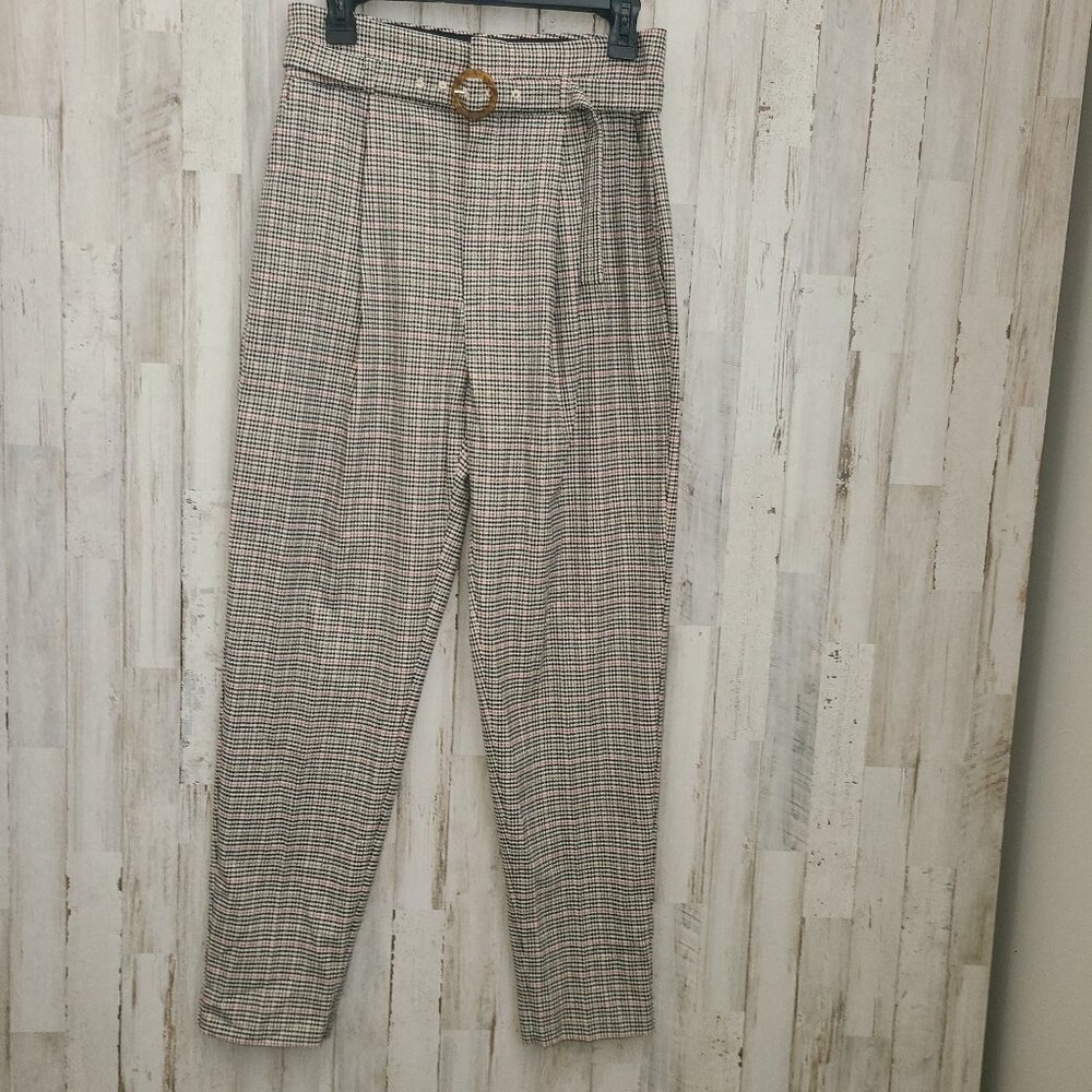 NWT Mango size 6 Pleated Pants High Rise Trousers Plaid Check Belted